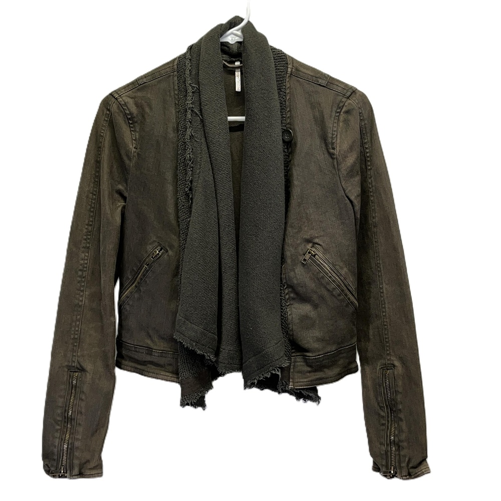 Free People Olive Green Womens Drape Open Front Coated Denim Moto Jacket Size 2‎